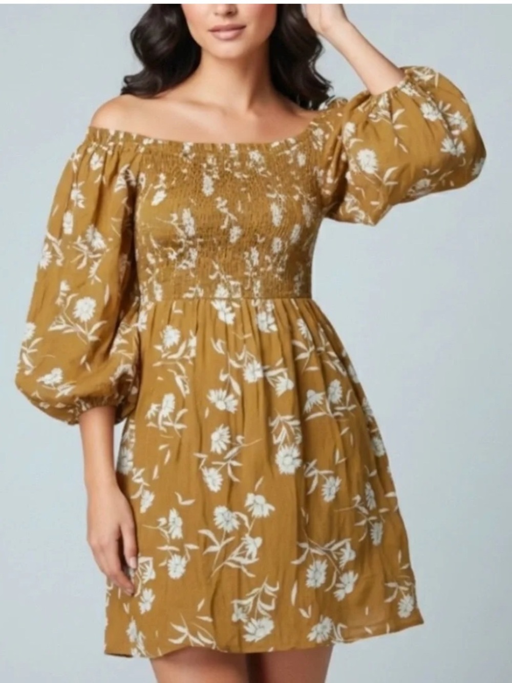 Billabong Mustard Floral One-Shoulder Smocked Mini Dress